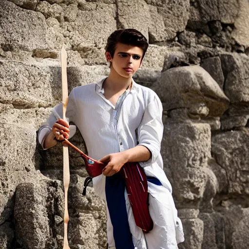 Image similar to a handsome Mediterranean 17 year old man in Biblical clothes holding a slingshot, DSLR photography