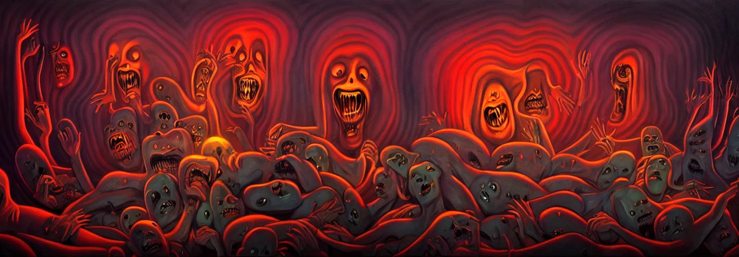 Image similar to visceral freaky obsessive monsters from the darkest depths of collective unconscious, dramatic glowing lighting, 1 9 3 0 s fleischer cartoon characters, wild emotional expressions - surreal painting by ronny khalil