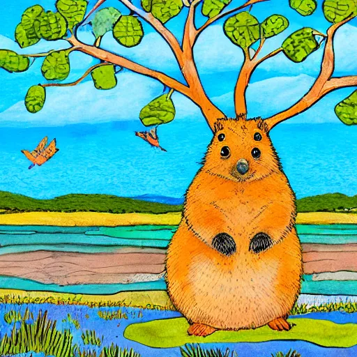 Image similar to detailed illustration, a happy quokka on rotttnest island in the style of may gibbs, layered composition, layers, texture, textured, layered, sculpted, dynamic, 🦋,