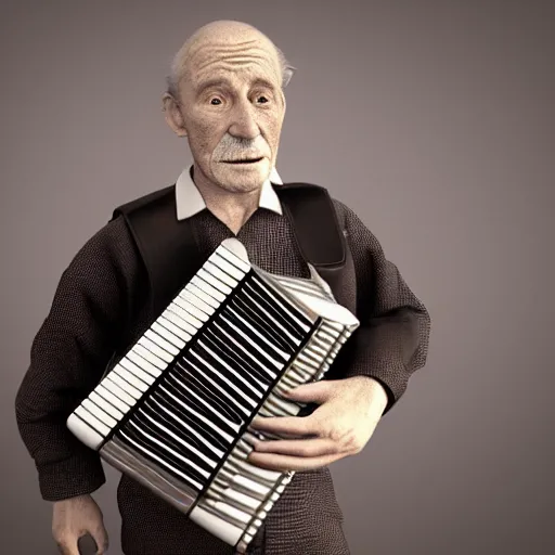 Image similar to an old man with an accordion replacing his neck, he's wearing a cylinder, a very hunched back, 4K 3D render, stylized