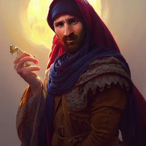 Prompt: lionel messi as a muslim, d & d, fantasy, intricate, elegant, highly detailed, digital painting, artstation, concept art, matte, sharp focus, illustration, art by artgerm and greg rutkowski and alphonse mucha