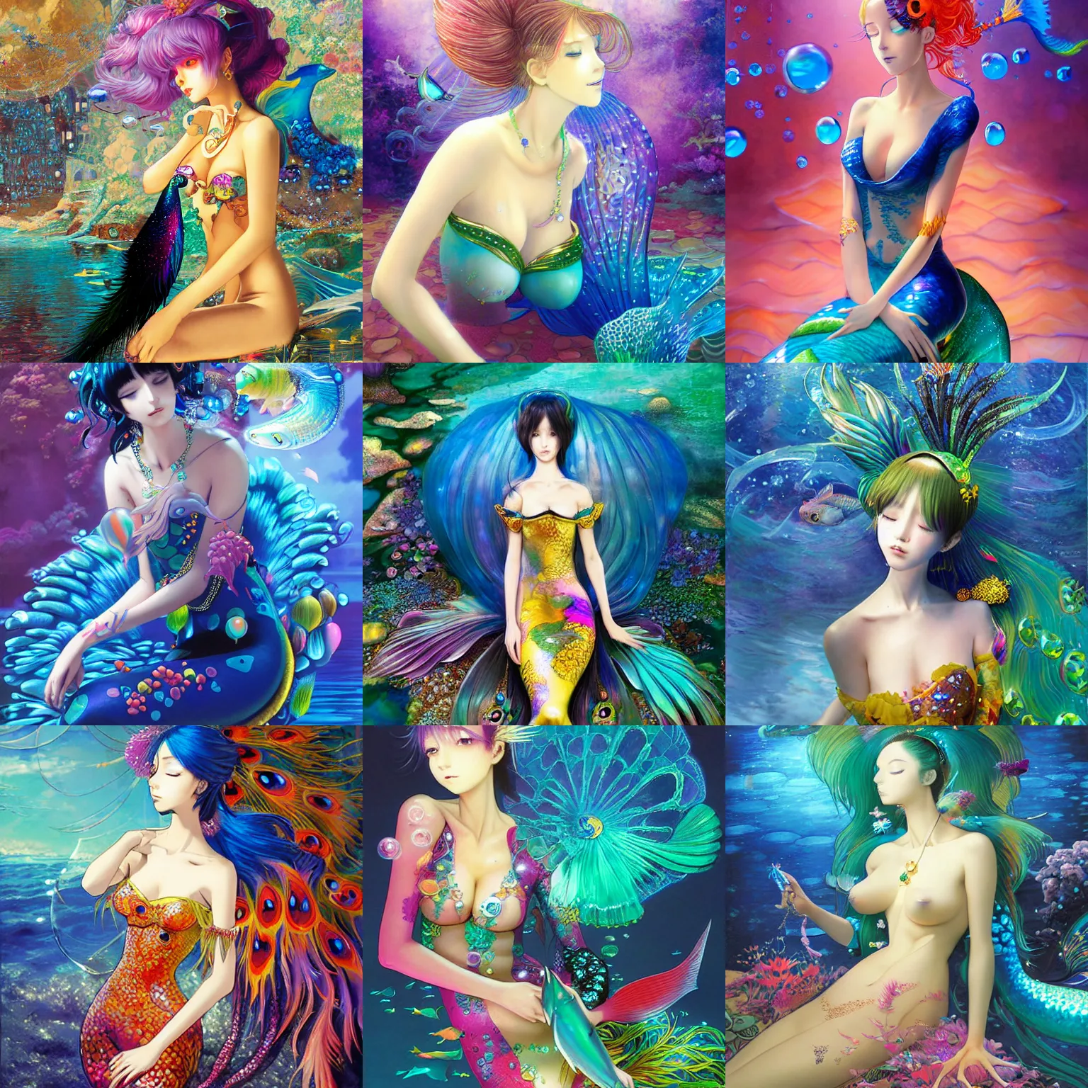 Prompt: professionally painted realistic real life blacklight colorful, anime mermaid with a fish body, wearing an elegant peacock top, with large transparent bubble sleeves, golden jewelry and gems everywhere, art by yuji ikehata and satoshi kon, background art by miyazaki, proper human proportions