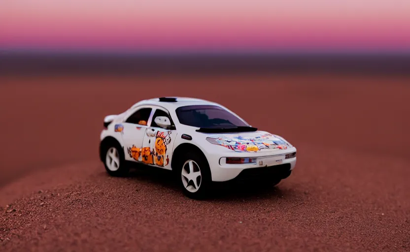 Prompt: photograph of an Itasha surrounded by desert with a futuristic city in the horizon, sigma 85mm f/1.4, 4k, depth of field, high resolution, 4k, 8k, hd, full color