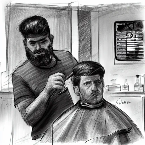 Image similar to a sketch drawing, he's at the barbershop, by gabo mendoza, trending on artstation