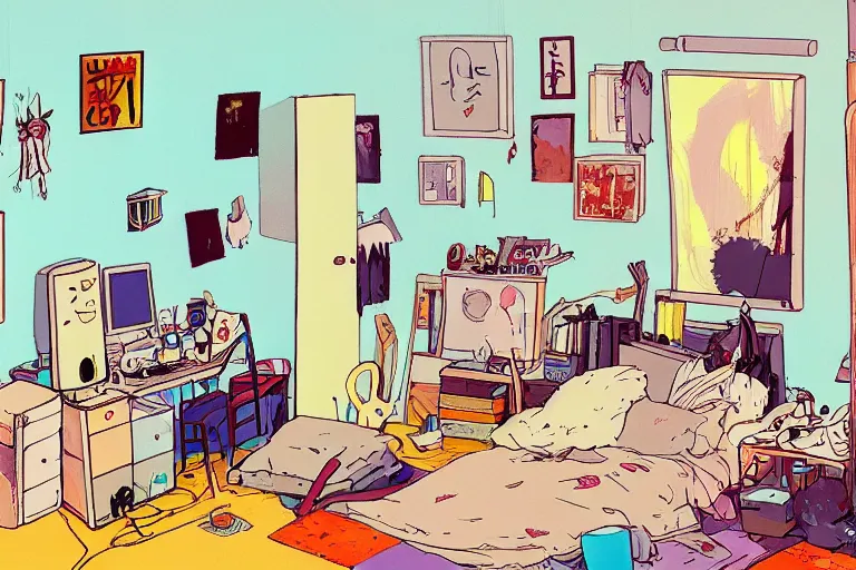 Image similar to messy bedroom, style of studio ghibli + moebius + basquiat, cute, lofi, artstation