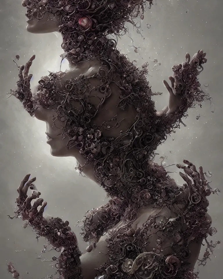 Prompt: a sculpture of a gorgeous etherial female, breaking apart, metaphysical paintings, Andrew Ferez, by Charlie Bowater, Marco Mazzoni, Seb McKinnon, Ryohei Hase, jeremy geddes, lovecraftian, made of mist, cosmic horror, trending on cgsociety, featured on zbrush central, grotesque, vanitas, new sculpture, mystical