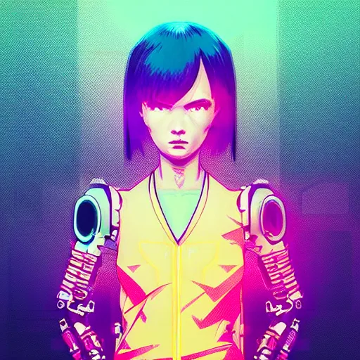 Prompt: “ a highly detailed full body portrait of a cyborg ninja by ilya kuvshinov in synthwave style with a cyberpunk colorful background with brokeh effect ”