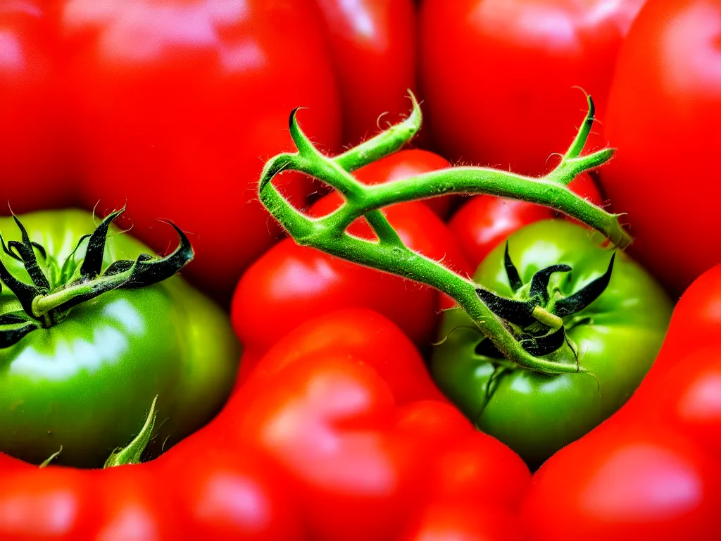 Prompt: a perfect portrait of a cross section of a tomato with tiny humans burrowing wormlike through its juicy interior. macro extreme, eye popping wet colours.