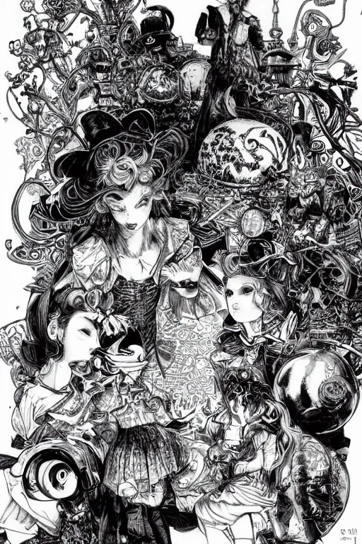 Prompt: Synthwave Alice in wonderland , pen and ink, intricate line drawings, by Yoshitaka Amano, Ruan Jia, Kentaro Miura, Artgerm, watercolor