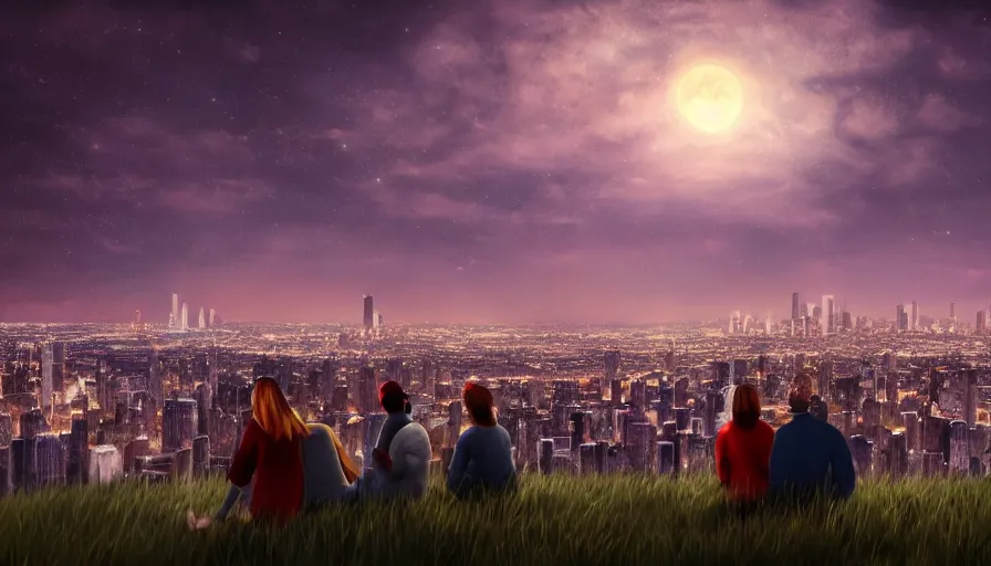 Prompt: people sitting on a hill watching chicago at night. the sky had stars and a full moon. hyperdetailed, artstation, cgsociety, 8 k