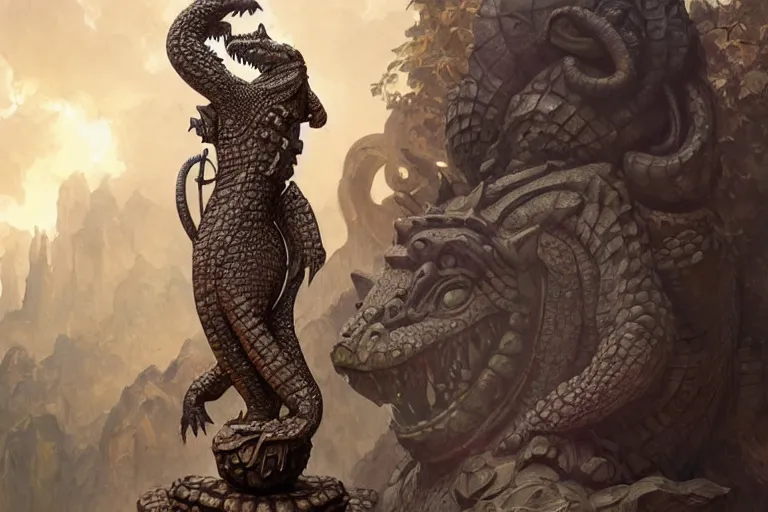 Image similar to stone statue of the anthropomorphic crocodile god adorned with gemstones, deep focus, d & d, fantasy, intricate, elegant, highly detailed, digital painting, artstation, concept art, matte, sharp focus, illustration, hearthstone, art by artgerm and greg rutkowski and alphonse mucha