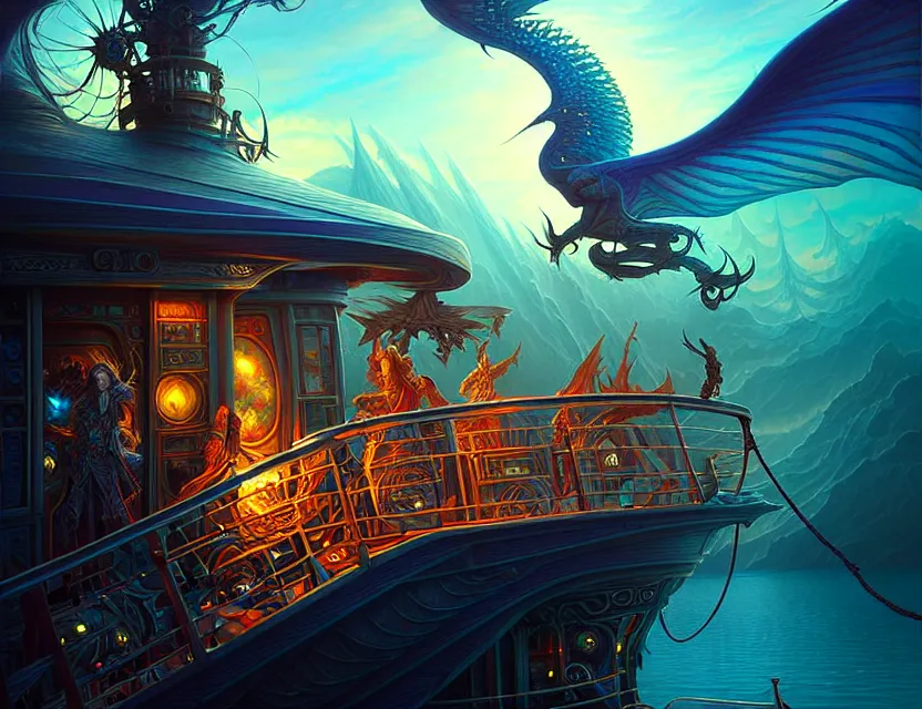 Image similar to standing upon the deck of the flying magical ship, d & d fantasy art, artstation contest winner, beautiful digital painting in the style of dan mumford, art by kev chan, volumetric lighting, intricate details, concept art, ultrarealistic, fantasypunk, deep colors, cgsociety, by art germ, by gerald brom, by peter mohrbacher