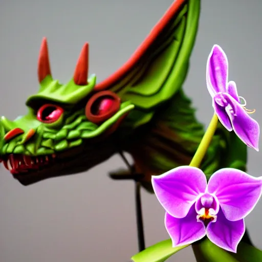 Prompt: An evil dragon protects a small orchid