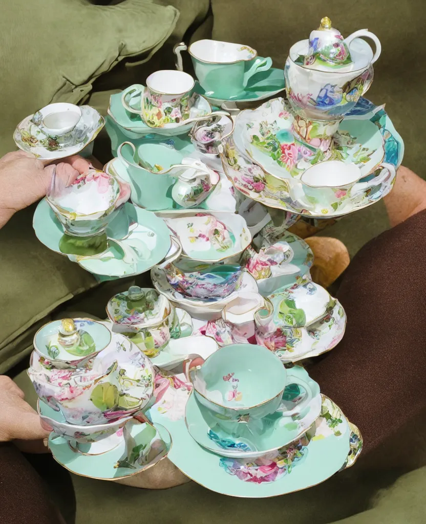 Prompt: cup and saucers it’s tea time with your green aunt and her best friend mid day London room