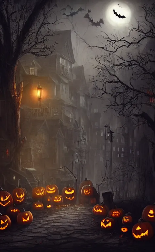 Image similar to a creepy and eery Halloween setting, with Jack o lanterns on the street and shadow figures lurking about, dynamic lighting, photorealistic fantasy concept art, stunning visuals, creative, cinematic, ultra detailed, trending on art station, spooky vibe