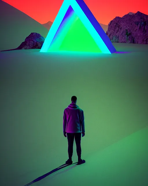 Image similar to a man standing in the middle of a mountain with a glowy neon triangle, a render by filip hodas, behance contest winner, environmental art, rendered in cinema 4 d, volumetric lighting