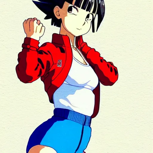 Image similar to a beautiful! boyish! natalie portman as bulma alluring gravure! model, wearing hip hop mayan bomber jacket and leotard with native style overalls, bulky poofy bomber jacket with mayan patterns, guilty gear art style, trending on pixiv, painted by makoto shinkai takashi takeuchi studio ghibli, akihiko yoshida