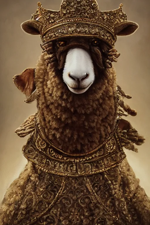 Image similar to anthropomorphic sheep queen, crown, oil on canvas, intricate, portrait, 8 k highly professionally detailed, hdr, cgsociety