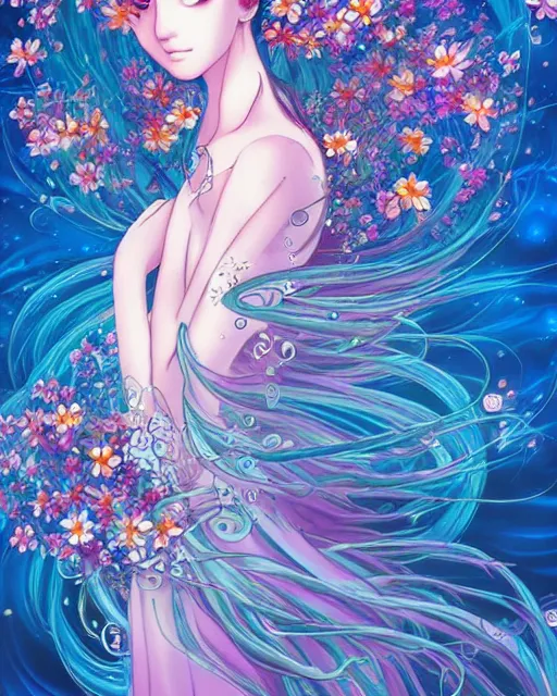 Prompt: auburn sea princess, floral couture, swirling water and flowers, sparkling petals, radiant light, deviantart, fantasy illustration by leiji matsumoto