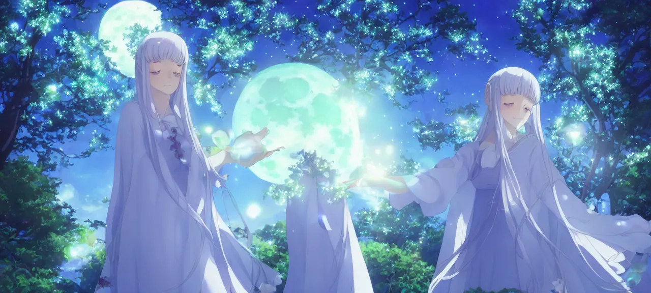 Prompt: Illyasviel holding floating green crystal | ghibli clover | Big Moon at Blue Night | Trees with white flowers | bioluminescent blue FLOWERS | strong blue rimlit | visual-key | anime illustration | highly detailed High resolution | Light Novel | Visual Novel | Gosick