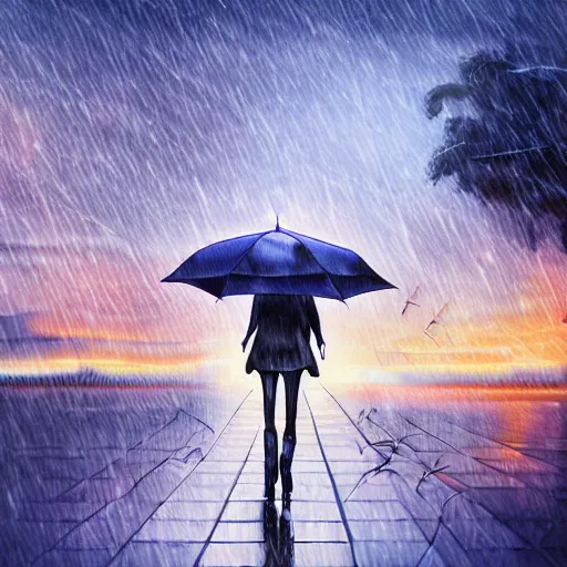 Prompt: realistic anime digital art, holding an umbrella in the rain
