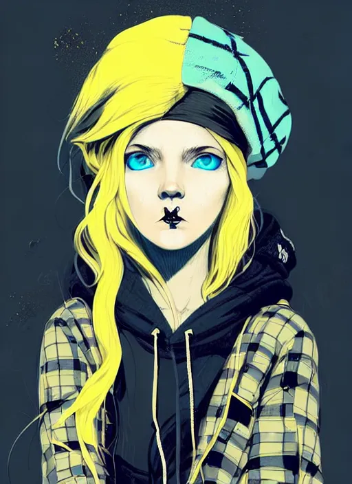 Image similar to highly detailed portrait of a sewer punk lady student, blue eyes, tartan hoody, hat, white hair by atey ghailan, by greg tocchini, by kaethe butcher, gradient yellow, black, brown and cyan color scheme, grunge aesthetic!!! ( ( graffiti tag wall flat colour background ) )