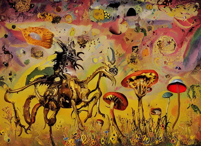 Image similar to expressionistic decollage painting golden armor alien zombie horseman riding on a translucent bone dragon broken rainbow diamond maggot horse in a blossoming meadow full of colorful mushrooms and golden foil toad blobs in a golden sunset, distant forest horizon, painted by Adrian Ghenie, Helen Frankenthaler, Danny Fox and Hilma af Klint, pixelated, semiabstract, color field painting, byzantine art, voxel art, pop art look, naive, outsider art. Mark Rothko painting, part by Philip Guston and Frank Stella art by Barnett Newman, 8k, extreme detail, intricate detail, masterpiece