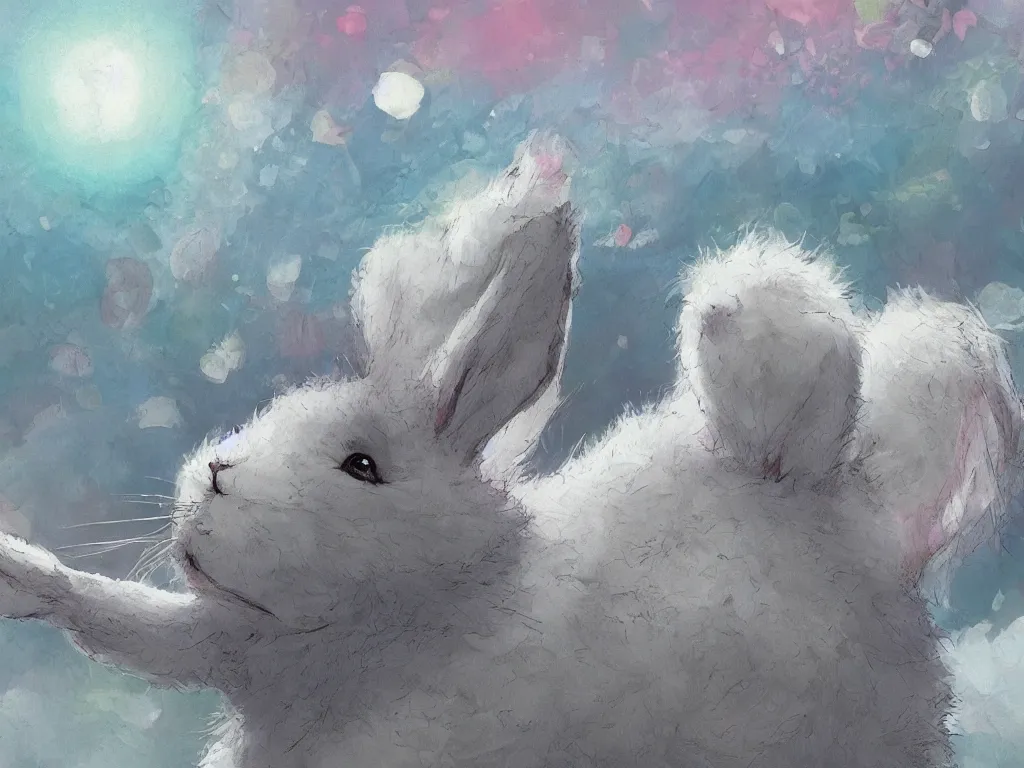 Image similar to a fluffy bunny, ideas floating around above its head, Aesthetically pleasing, digital concept art background by Hayao Miyazaki and Studio Ghibli, fine art, official media, high definition, illustration, ambient lighting, HDR, HD, UHD, 4K, 8K, cinematic, high quality scan, award winning, trending, featured, masterful, dynamic, energetic, lively, elegant, intricate, complex, highly detailed, Richly textured, Rich vivid Color, masterpiece.