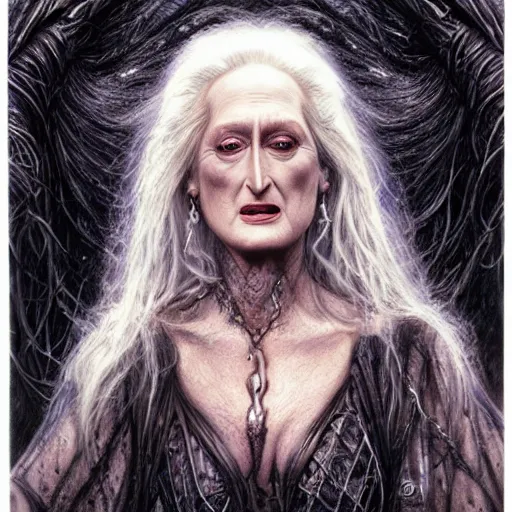 Image similar to head and shoulders portrait of an evil, black - skinned night hag portrayed by meryl streep, d & d, fantasy, luis royo, magali villeneuve, donato giancola, wlop, krenz cushart