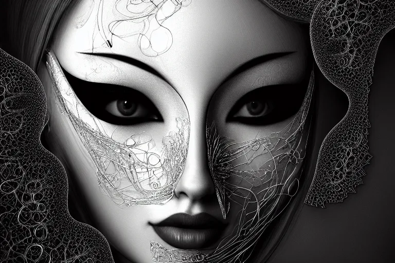 Image similar to portrait of a young beautiful woman with a mask. contemporary photograph and speed painting and fractal and mandelbulb and lines and scribble art. black and white. intricate, elegant, super highly detailed, professional digital painting, artstation, concept art, smooth, sharp focus, no blur, no dof, extreme illustration, Unreal Engine 5, Photorealism, HD quality, 8k resolution, cinema 4d, 3D, beautiful, cinematic, art by artgerm and greg rutkowski and alphonse mucha and loish and WLOP