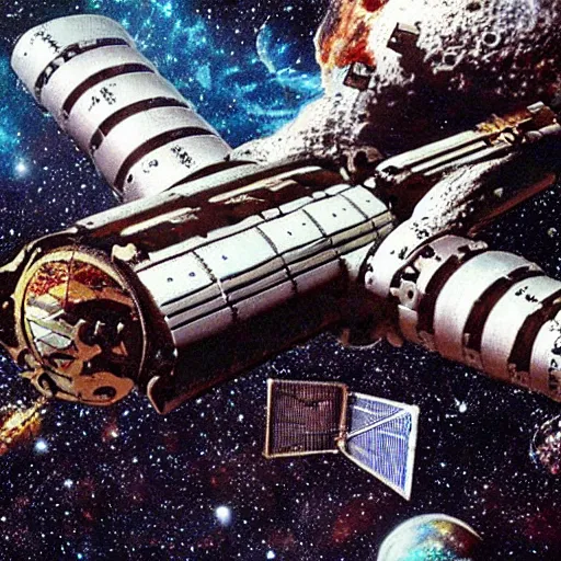 Prompt: a space station made from metal , guitars and meat on the background of deep space, matte painting with photorealistic elements pasted in, high contrast, could be art by Dali