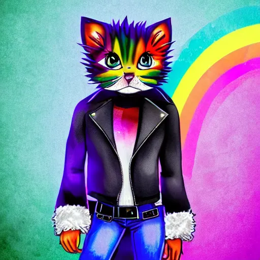 Image similar to wide angle full body, jacket wearing fluffy cute rainbow kitten wearing a black leather motorcycle jacket, concept art