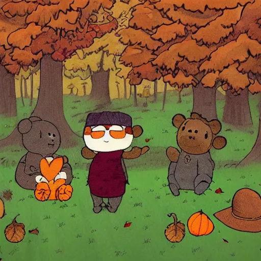 Prompt: autumnal woods with teddy bears, in the style of over the garden wall