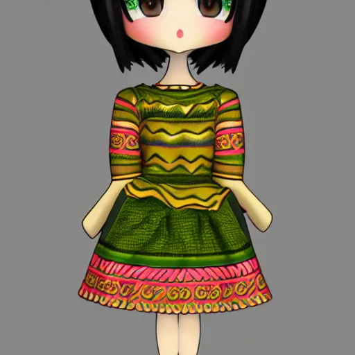 Image similar to cute fumo plush of a girl in a green and gold tribal patterned dress, stylized material bssrdf, cel shading, vray, anime girl