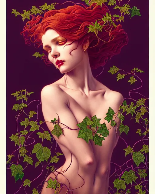 Image similar to closeup portrait the platonic ideal of flowers and vines, poison ivy, beautiful succubus, intricate, hyperrealism, intense, dmt, artgerm, moebius, greg rutkowski, maxfield parrish, dan mumford, moebius, alphonse mucha