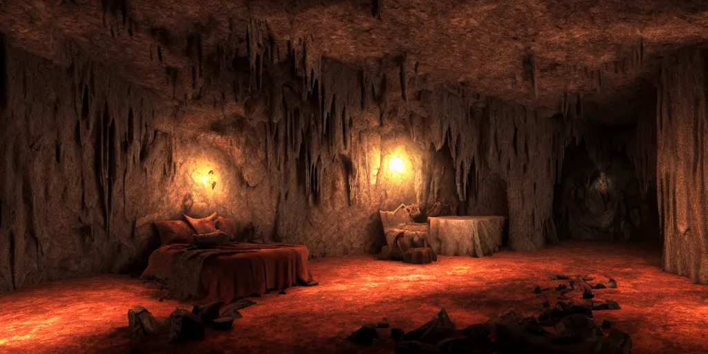 Prompt: bedroom in a secret cave, dark, spooky, dreamlike, lava, satanic symbols in the style of 1 3 ghosts movie, low light, hyperrealistic, coherent composition, artstation, matte painting, concept art, edward hughes hyper detailed, photo realistic, unreal engine, octane render, post processed 4 k