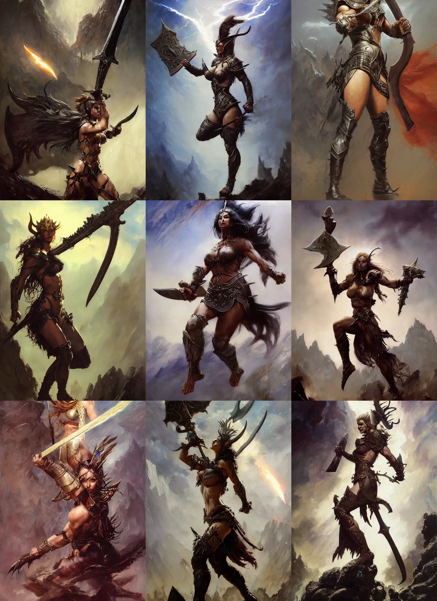 Prompt: A full portrait oil painting of a berserker woman holding a claymore above her head and jumping into battle, elven armor, by Frank Frazetta, Greg Rutkowski, Boris Vallejo, epic fantasy character art, Exquisite detail, post-processing, low angle, masterpiece, cinematic, lightning