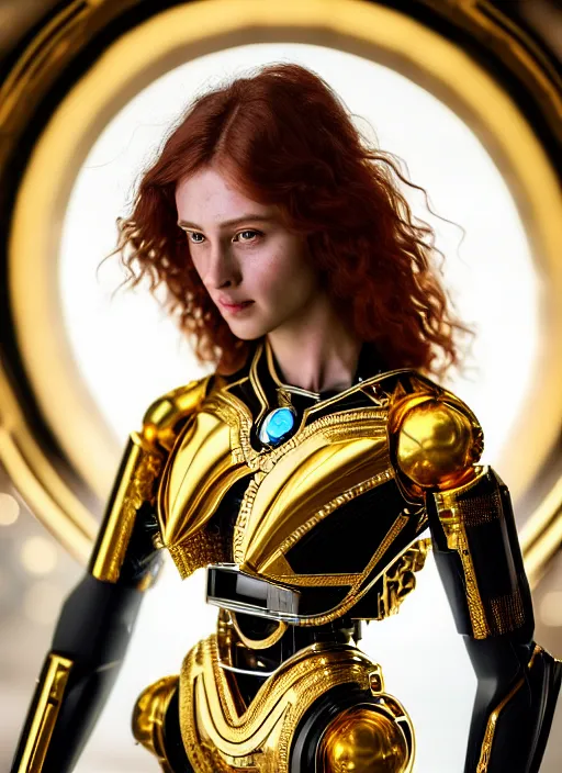 Image similar to a stunning young female cyborg made of gold, gemstones, diamonds, by pre - raphaelite brotherhood, unreal engine, glamor shot, nikon d 7 5 0, closeup, f / 2. 8, low contrast, 1 6 k, rim lighting, optical fiber, cinematic lighting, insanely detailed and intricate, hypermaximalist, elegant, ornate, hyper realistic,