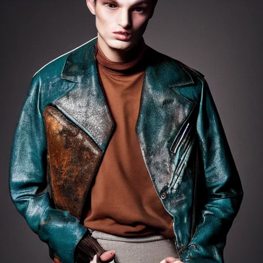 Image similar to an award - winning cropped editorial photo of a male model wearing a teal distressed baggy medieval leather menswear jacket by alexander mcqueen, 4 k, studio lighting, wide angle lens