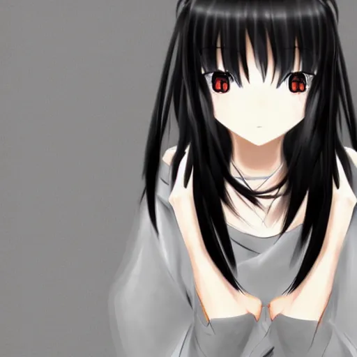 Image similar to girl with black hair, long bangs covering both of her eyes, anime style