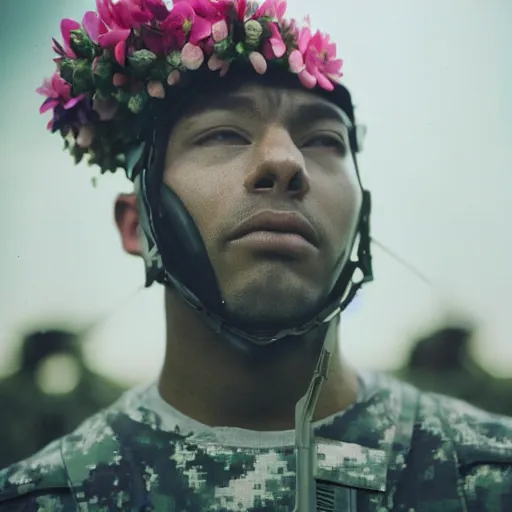 Prompt: close up kodak portra 4 0 0 photograph of a futuristic soldier after the battle standing in dark forestin in a crowd, flower crown, moody lighting, telephoto, 9 0 s vibe, blurry background, vaporwave colors, faded