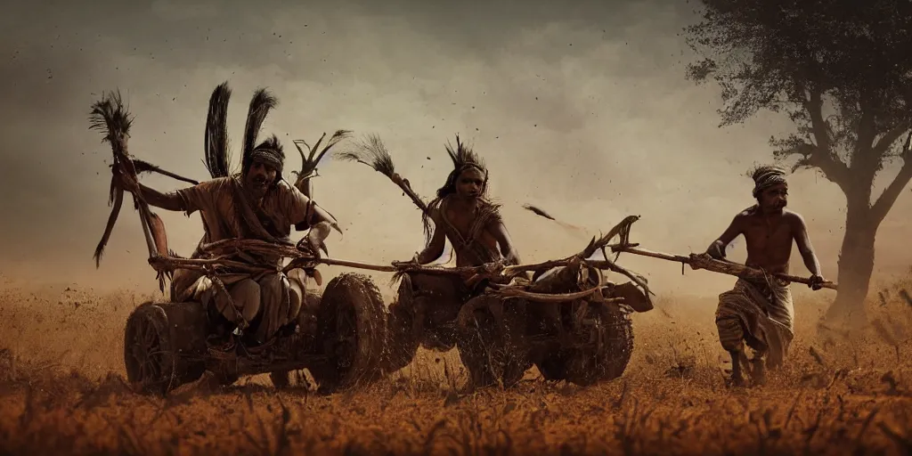 Image similar to photorealistic high speed photo ancient indian tribesman hunting on atv, wooden wheels, hunting buffalo herd ,attacking, chase, action scene, an epic fantasy, dramatic lighting, cinematic, establishing shot, extremely high detail, photorealistic, cinematic lighting, artstation, octane render, by simon stalenhag, horizon forbidden west,old photo, high speed photography, vintage, extreme sports