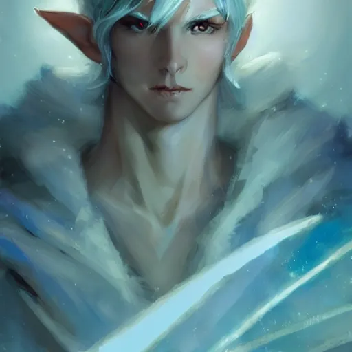 Prompt: handsome male snow elf with pointed ears in a turquoise cape as an archer, albino skin, moonlight snowing, ethereal opalescent mist, winter vibes, perfect face, elegant, very coherent symmetrical artwork, by wenjun lin, krenz cushart, charlie bowater, trending on artstation