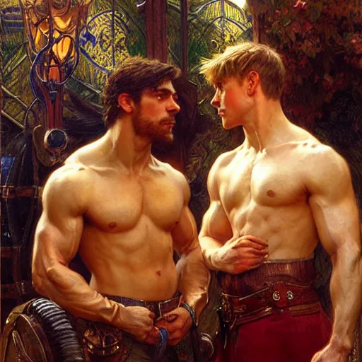 Image similar to attractive muscular arthur pendragon and muscular attractive merlin go to a pub together to have some drinks. highly detailed painting by gaston bussiere, craig mullins, j. c. leyendecker, alphonse mucha 8 k