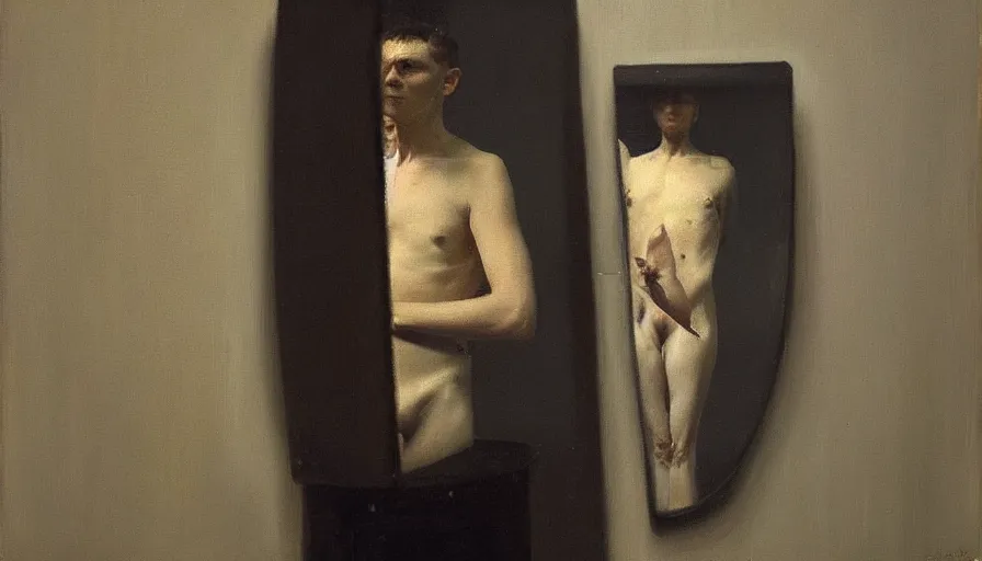 Image similar to painting by borremans, a man looks in the mirror and sees not himself, detailed, stunning