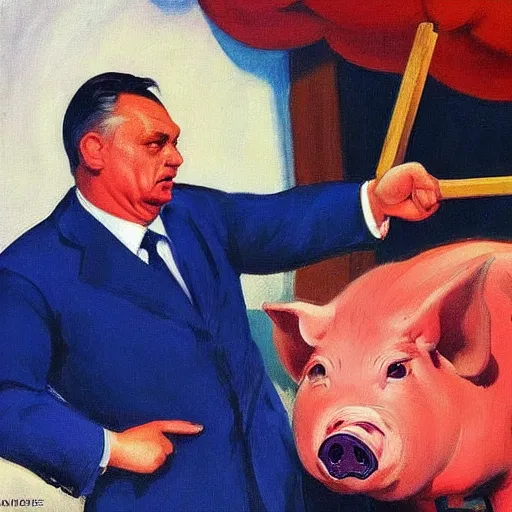 Prompt: highly detailed propaganda poster portrait of the leader of fascist hungary, viktor orban participating in a traditional pig slaughter, painted by edward hopper