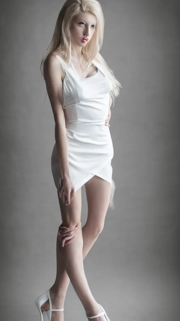 Prompt: extremely beautiful studio photo of emily skinner, looking like annie leonhart, very sexy beautiful slim legs, wearing heels and white short dress, in a white room, pale skin, bokeh, very very very very beautiful!!, hard focus, sexy dominant pose, full body shot, 9 0 mm, f / 1. 2 5