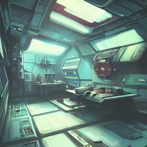 Prompt: “A cyberpunk bunk within a spaceship, D&D sci-fi, artstation, concept art, highly detailed illustration.”