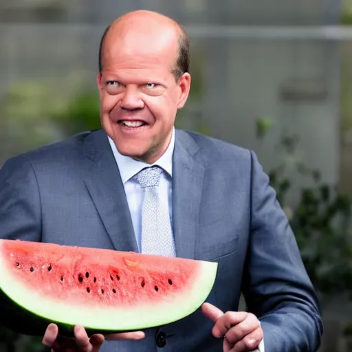 Prompt: olaf scholz eating a whole watermelon