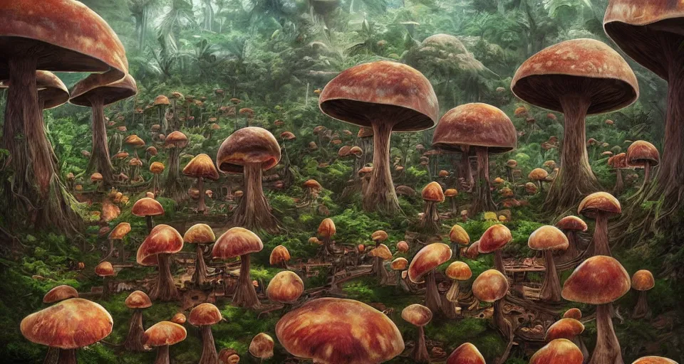 Image similar to A tribal village in a forest of giant mushrooms, by ARTGERM